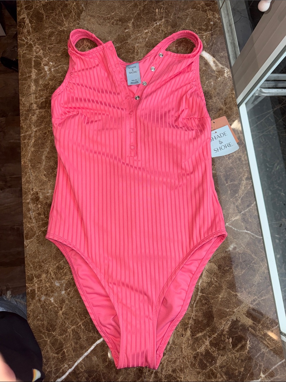 Shade & Shore Bright Coral Ribbed Snap-Front One-Piece Swimsuit